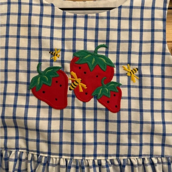 Vintage Kelly’s Kids Size 7 Blue White Gingham Strawberry Bee Tank Dress Summer - Picture 3 of 9